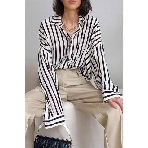 Mad Girls Striped White Shirt MG1383 - Beyaz