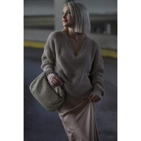 Stone Gray Oversize V Neck Sweater MG1440 - Taş rengi