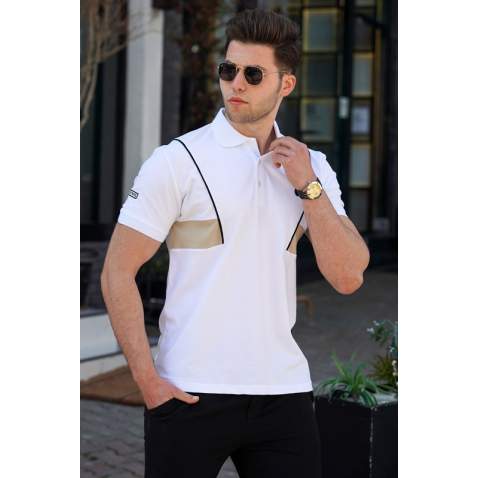 Madmext Men Striped White Polo T-shirt 5243 - Beyaz