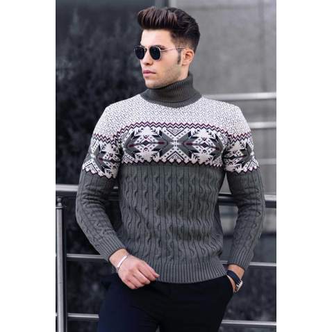 Madmext Khaki V-Neck Patterned Jumper 4731 - Haki