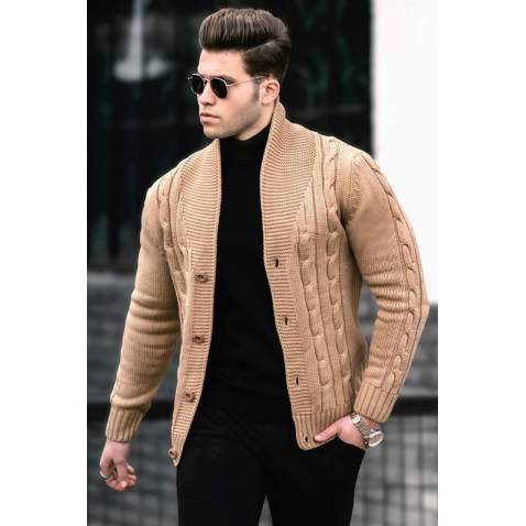 Madmext Men Knitted Camel Cardigan 9053 - Camel