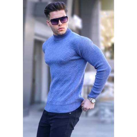 Royal Blue Mock Turtleneck Knitwear Sweater 5969 - Havacı mavi