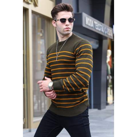 Khaki Striped Knitwear Sweater 5992 - Haki