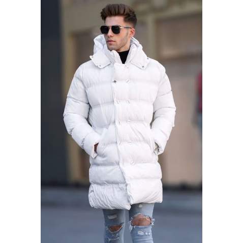 White Hoodie Long Puffer Jacket 5708 - Beyaz