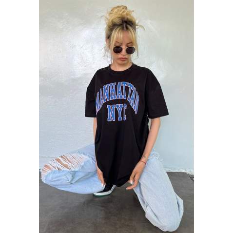 Women Printed Oversize Black T-Shirt Mg1231 - Siyah