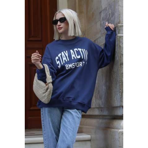 İndigo Baskılı Oversize Kadın Sweatshirt MG1564 - İndigo