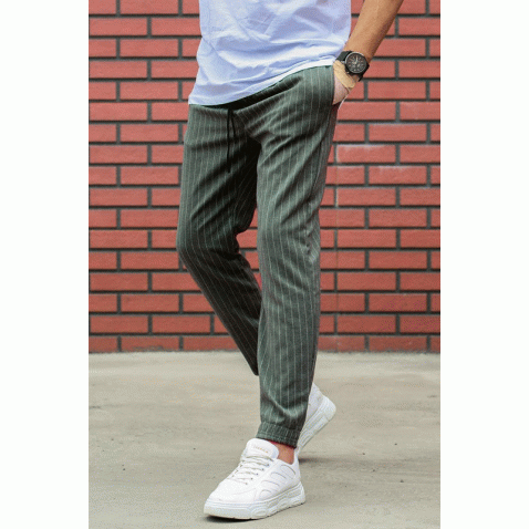 Madmext Men Khaki Striped Trouser Mad4084 - Haki