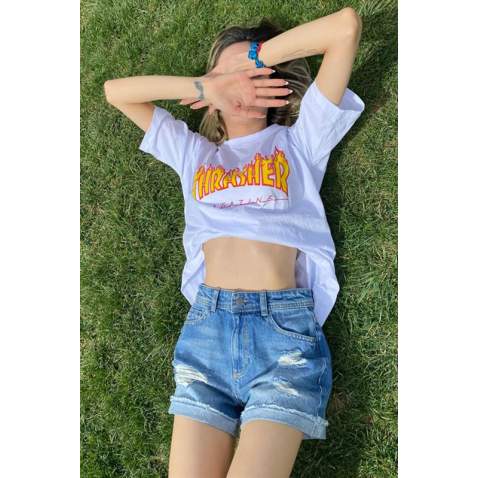 Women Blue Ripped Denim Shorts MG1478 - Mavi