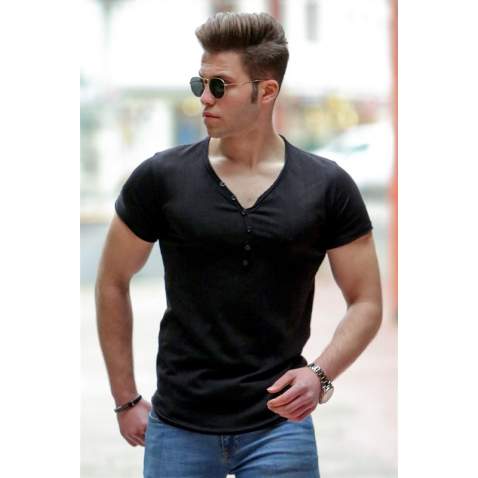 Madmext Black Basic V Neck T-shirt for Men 4551 - Siyah