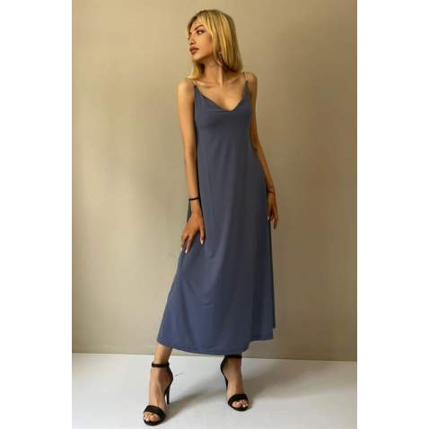 Indigo V Neck Chain Strap Long Dress MG1542 - İndigo