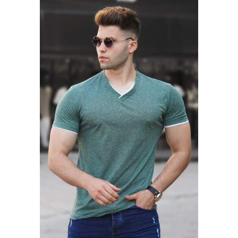 Madmext Men V Neck Plain Green T-shirt 5278 - Yeşil