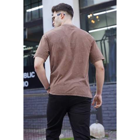 Men Printed Brown Oversize T-Shirt - Kahverengi