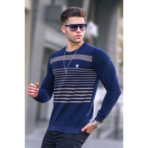 Navy Blue Striped Knitwear Sweater 5961 - Lacivert