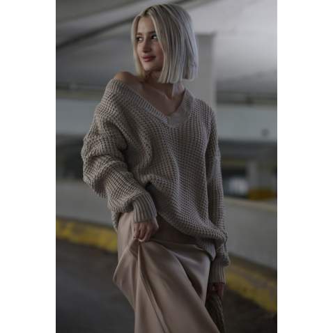 Stone Gray Oversize V Neck Sweater MG1440 - Taş rengi