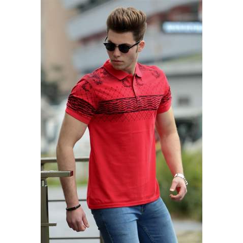 Madmext Red Printed Polo Shirt for Men 3057 - Kırmızı