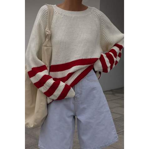 Mad Girls Ecru Striped Sweater MG1254 - Ekru