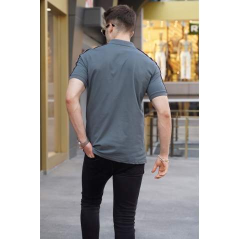 Men Embroided Smoke Gray Polo T-Shirt 5875 - Füme