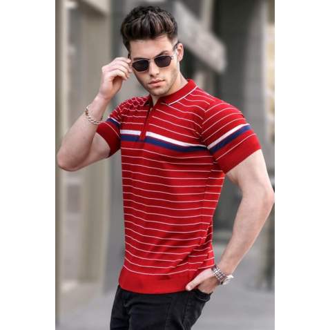 Men Striped Red Polo T-Shirt 5734 - Kırmızı