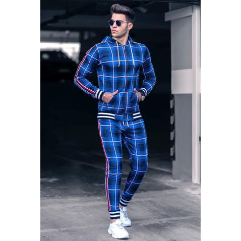 Madmext Navy Blue Hooded Checkered Men Tracksuit Set 4738 - Sax mavi