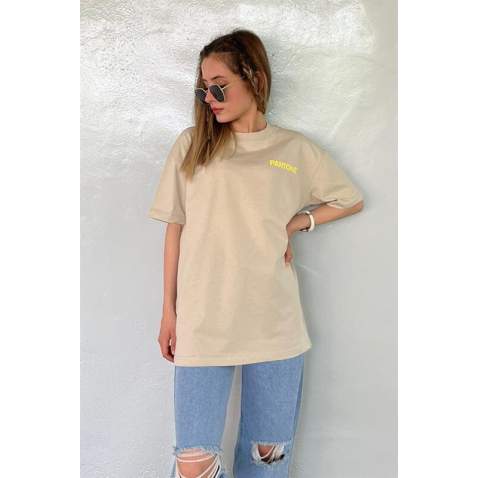 Women Printed Beige Over Fit T-Shirt MG1492 - Bej