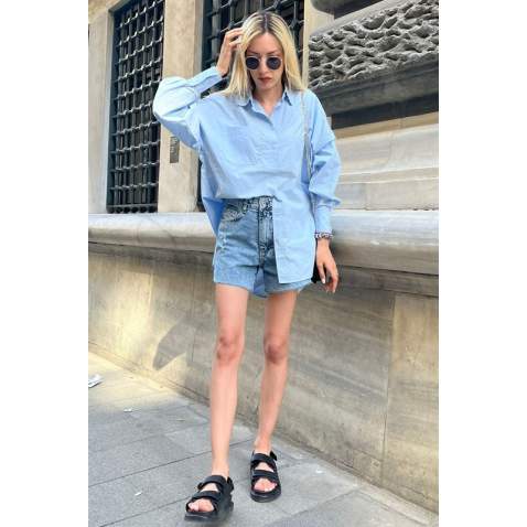 Women Blue Long Oversize Shirt MG1526 - Mavi