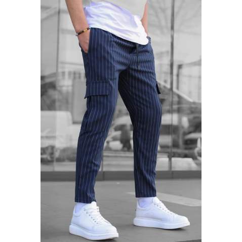 Men Striped Navy Blue Cargo Trousers - Lacivert