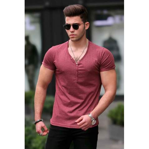 Madmext Men Buttoned Maroon Basic T-shirt 4052 - Bordo