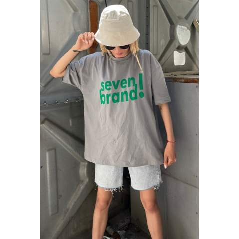 Women Printed Oversize Dye Gray T-Shirt MG1489 - Boyalı gri