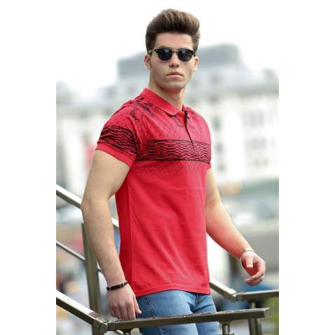 Madmext Red Printed Polo Shirt for Men 3057 - Kırmızı