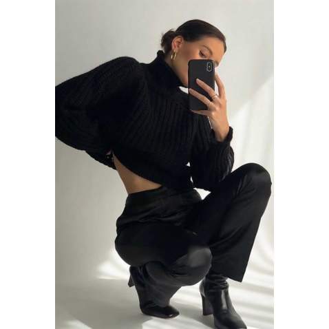 Mad Girls Black Turtleneck Women Jumper MG774 - Siyah