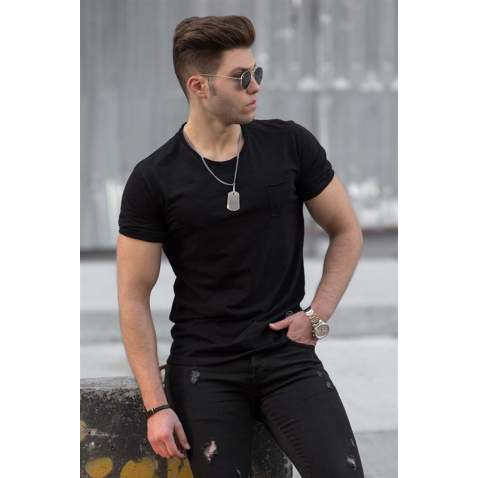 Madmext Men Front Pocket Black T-shirt 4493 - Siyah