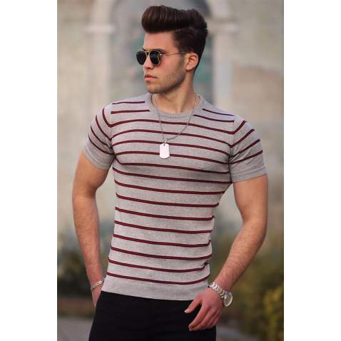 Madmext Grey Striped T-shirt for Men 4600 - Gri