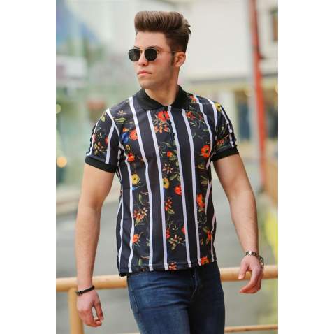 Madmext Black Printed Polo Shirt for Men 2884 - Siyah