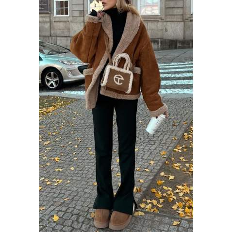 Mad Girls Camel Suede Leather Coat MG1329 - Kahverengi