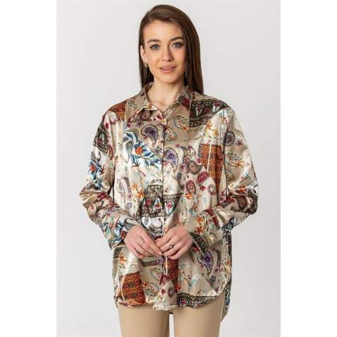 Mad Girls Designed Beige Satin Shirt MG1411 - Bej