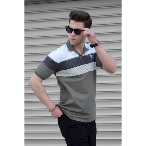 Men Striped Khaki Polo T-Shirt - Haki