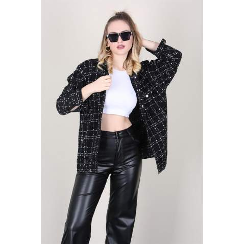 Mad Girls Black Long Plaid Jacket With Pockets MG1257 - Siyah