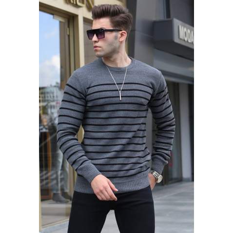 Anthracite Striped Knitwear Sweater 5992 - Antrasit