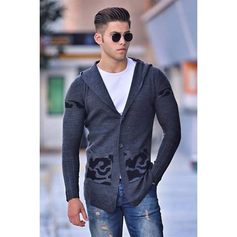 Madmext Men Patterned Anthracite Cardigan with Hoodie 2123 - Antrasit