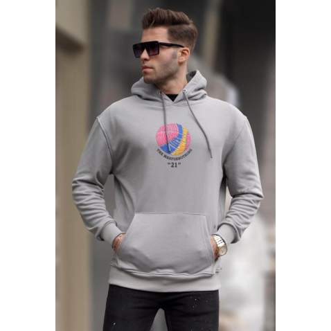 Boyalı Gri Kabartma Baskılı Kapüşonlu Sweatshirt 6042 - Boyalı gri