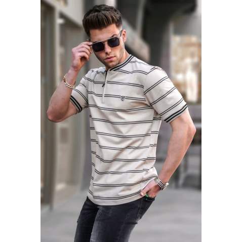 Men Striped Beige Polo T-Shirt 5874 - Bej