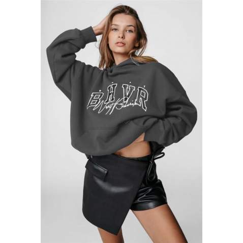 Mad Girls Embroided Smoke Gray Sweatshirt Hoodie MG812 - Füme