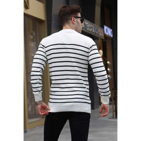 White Striped Knitwear Sweater 5992 - Kemik rengi