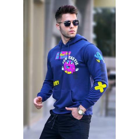 Navy Blue Printed Hoodie Sweatshirt 5896 - Lacivert