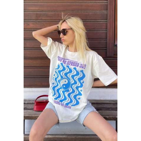 Women Printed White Over Fit T-Shirt MG1500 - Beyaz