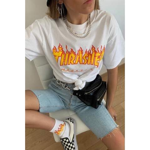 Women Printed Oversize White T-Shirt MG1346 - Beyaz