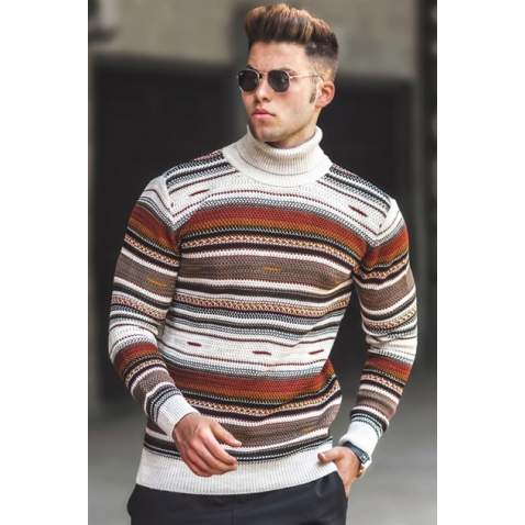 Madmext Men Turtleneck Striped Beige Sweater 5172 - Bej