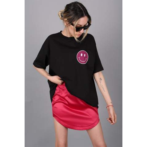 Women Printed Black Oversize T-Shirt - Siyah