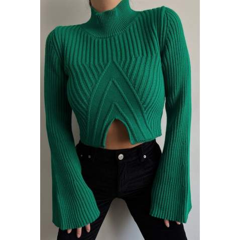 Mad Girls Green Cropped Sweater MG1395 - Yeşil