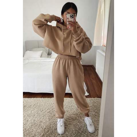 Mad Girls Beige Hooded Women Tracksuit Set MG467 - Bej